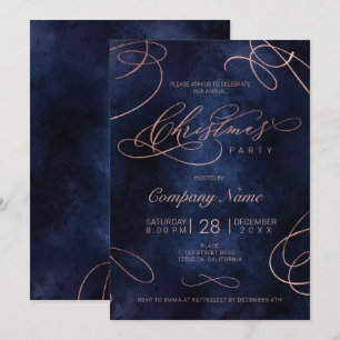 Rose gold flourish script navy Christmas corporate Invitation