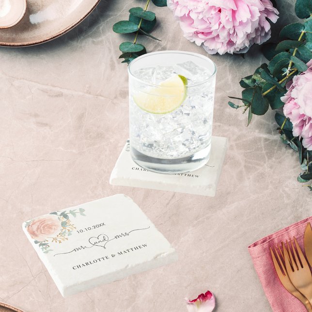 Rose gold flower greenery mr mrs wedding stone coaster (Creator Uploaded)