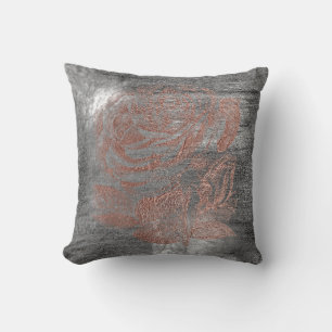 Rose Gold Flower Grey Grungy Metallic Silver Wall Throw Pillow