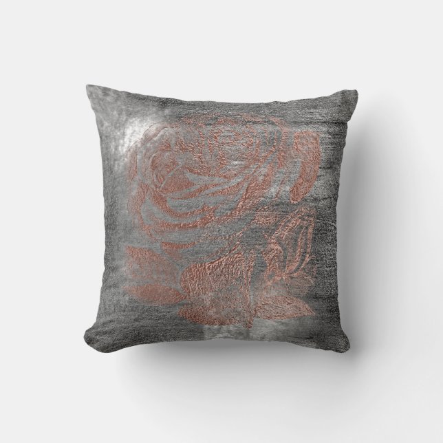 Rose Gold Flower Grey Grungy Metallic Silver Wall Throw Pillow (Front)