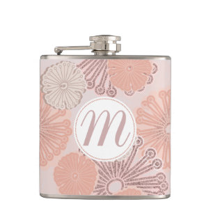 Rose Gold Flower Pattern & Monogram Hip Flask