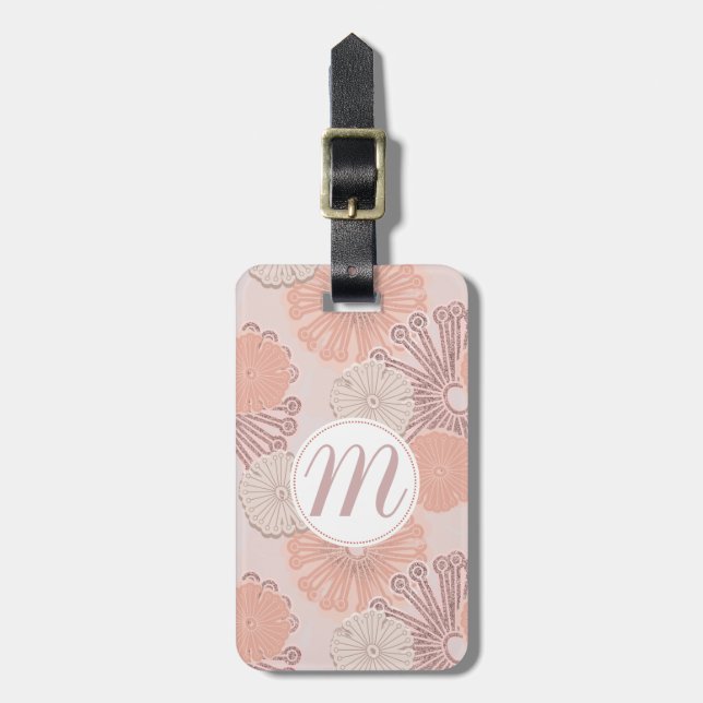 Rose Gold Flower Pattern & Monogram Luggage Tag (Front Vertical)