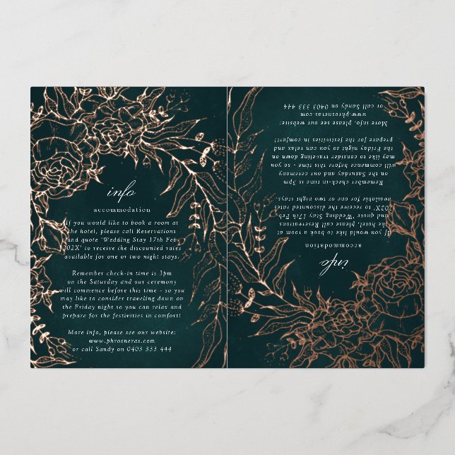 Rose Gold Flower Wreath Emerald TWO Foil Info Card (Front)