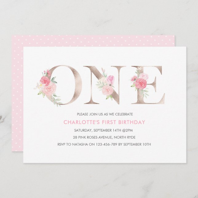 Rose gold flowers first Birthday Invitation (Front/Back)