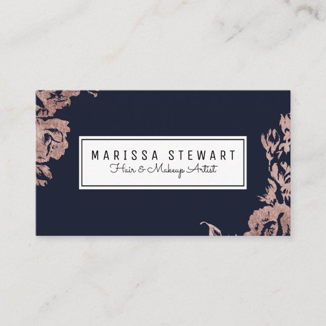 Rose Gold Flowers Navy Blue Business Card (Front)