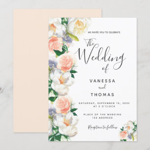 Rose gold flowers white script wedding invitation