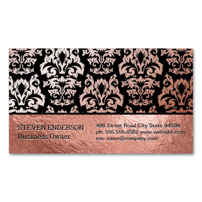 Rose Gold Foil and Damask Pattern Magnetic Business Card (Front)