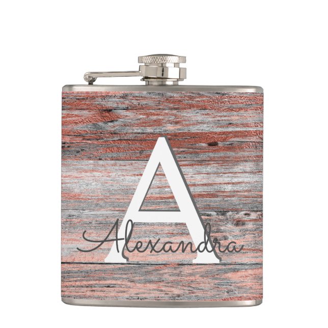 Rose Gold Foil and Rustic Wood Monogram & Initial Hip Flask (Front)