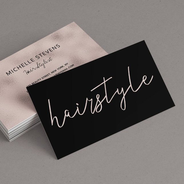 Rose gold foil black hair stylist handwritten business card (Creator Uploaded)