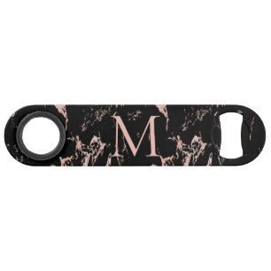 Rose Gold Foil Black Marble Monogram Bar Key