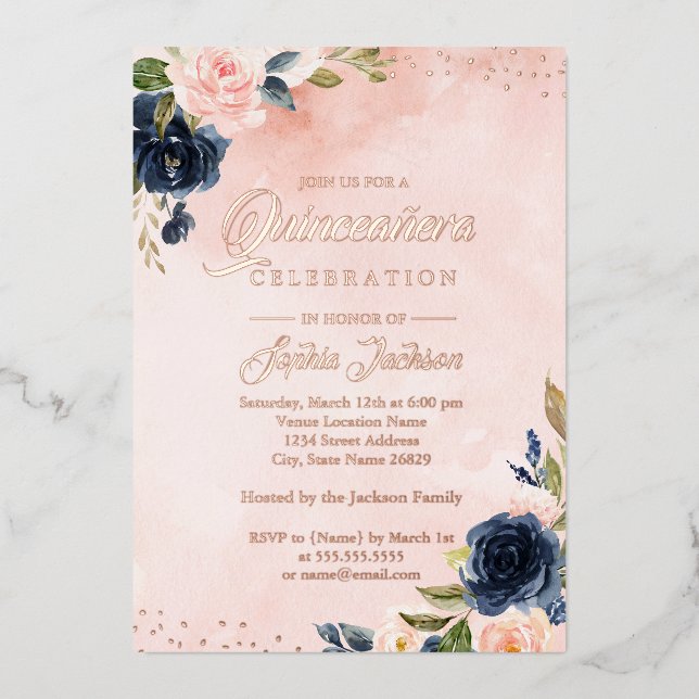 ROSE GOLD FOIL Blush Navy Floral Tiara Quinceanera (Front)