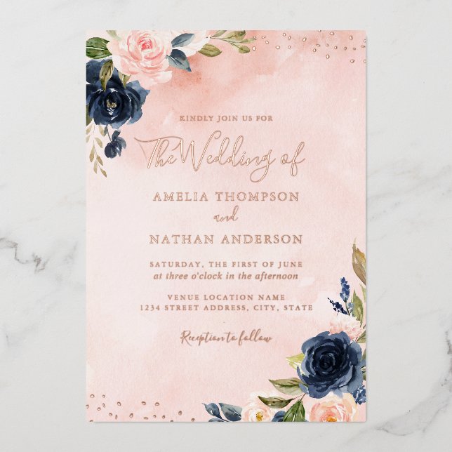 ROSE GOLD FOIL Blush Navy Floral Wedding (Front)