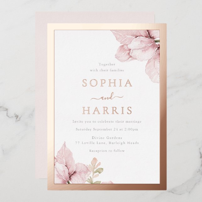 Rose Gold Foil Border Blush Floral Wedding (Front/Back)