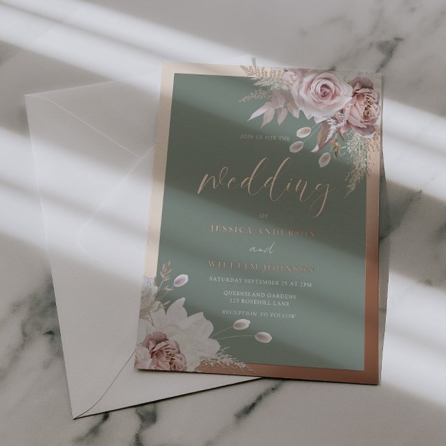Rose Gold Foil Border Blush & Sage Floral Wedding  (Creator Uploaded)
