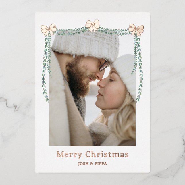 Rose Gold Foil Bow Garland Merry Christmas Photo Foil Holiday Card (Front)