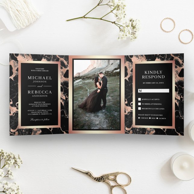 Rose Gold Foil Charcoal Black Marble Photo Wedding Tri-Fold Invitation (Creator Uploaded)