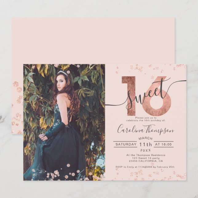 Rose gold foil confetti photo blush Sweet 16 Invitation (Front/Back)