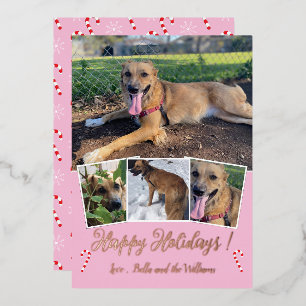 Rose Gold Foil Dog Photo Collage Pink Holiday Card