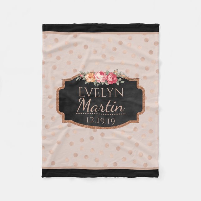 Rose Gold Foil Dots Chalkboard Monogrammed Floral Fleece Blanket (Front)