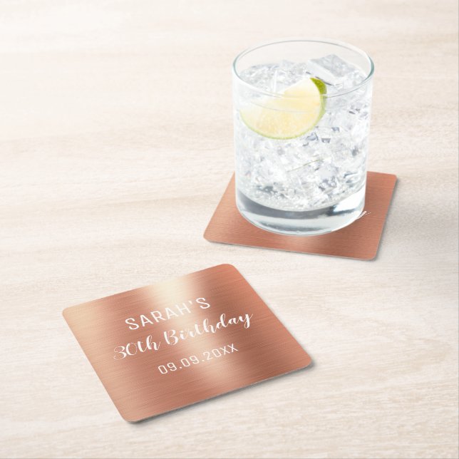 Rose Gold Foil Elegant Any Age 30th Birthday  Square Paper Coaster (Insitu)