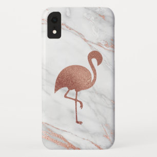 Rose Gold Foil Flamingo on Pink Marble Pattern iPhone XR Case