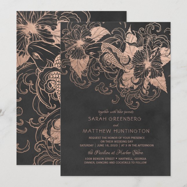 Rose Gold Foil Floral Koi Faire-part de mariage (Devant / Derrière)