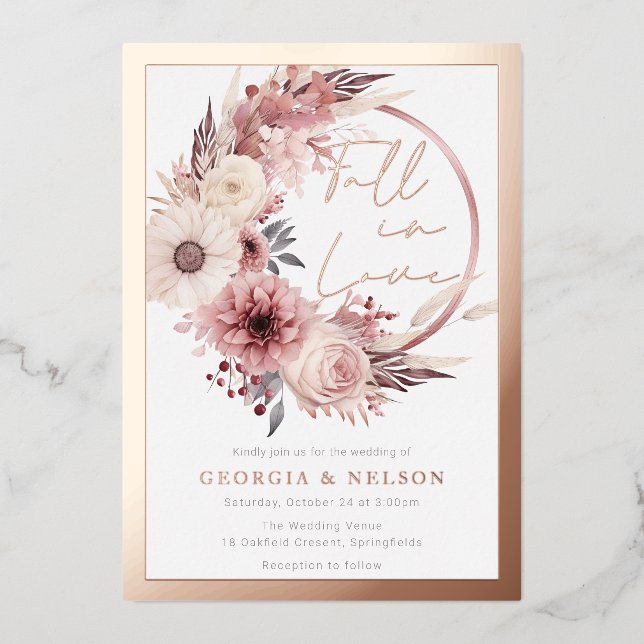 Rose Gold Foil Floral Wreath Fall In Love Wedding  (Front)