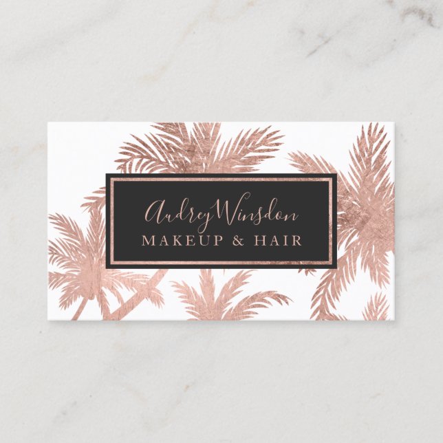 Rose gold foil glam palm tree Makeup Hair script Business Card (Front)