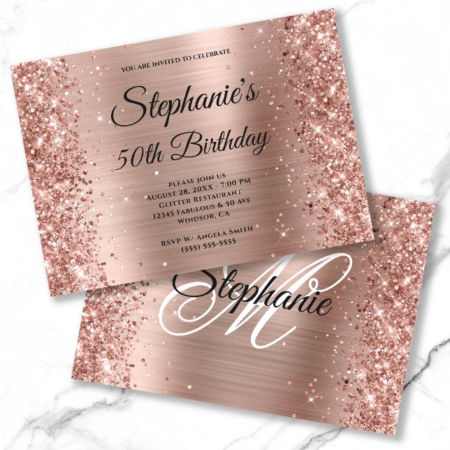 Rose Gold Foil Glitter Fancy Monogram Birthday Invitation (Creator Uploaded)