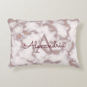 Rose Gold Foil Glitter in Pink Marble Monogram Accent Pillow