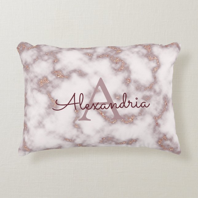 Rose Gold Foil Glitter in Pink Marble Monogram Accent Pillow (Front)