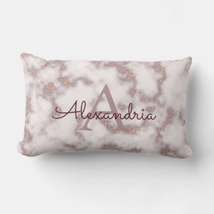 Rose Gold Foil Glitter in Pink Marble Monogram Lumbar Pillow