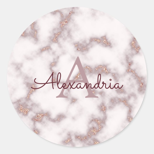 Rose Gold Foil Glitter Pink Marble Name Monogram Classic Round Sticker (Front)