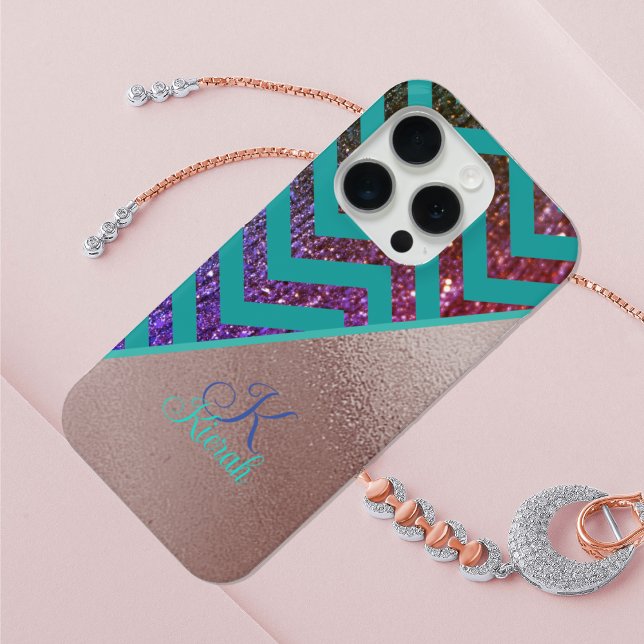 Rose Gold Foil Glittery Chevron TealTurquoise Name Case-Mate iPhone Case (Creator Uploaded)