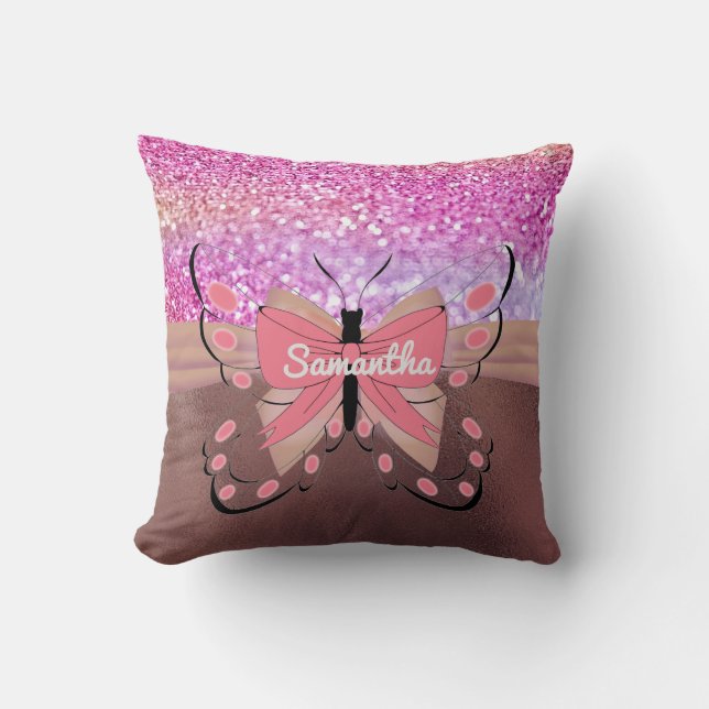Rose Gold Foil Glittery Decorative Bow Girly Name Throw Pillow (Front)
