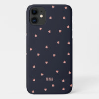 Rose Gold Foil Hearts Pattern Navy Blue Monogram