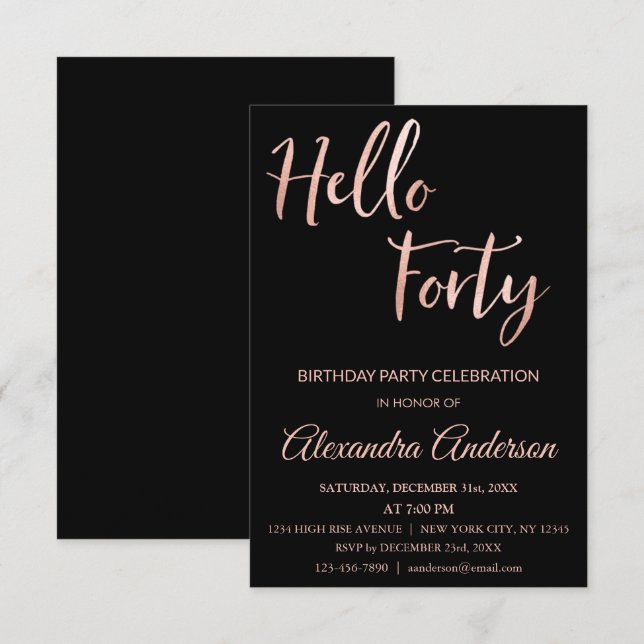 Rose Gold Foil Hello 40 Forty Birthday Party Invitation (Front/Back)