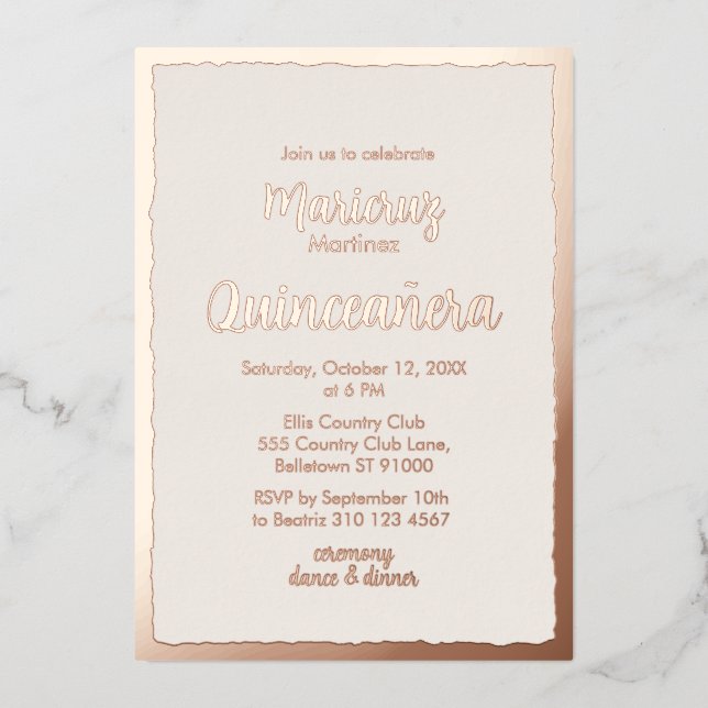 Rose Gold Foil Ivory Quinceañera Photo Invitation (Recto)