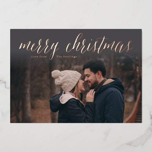 Rose Gold Foil Joyeux Carte photo de Noël Charbon (Recto)