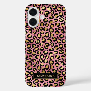 Rose Gold Foil Leopard Print Monogrammed iPhone 16 Case