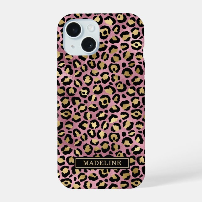 Rose Gold Foil Leopard Print Monogrammed iPhone 15 Case (Back)