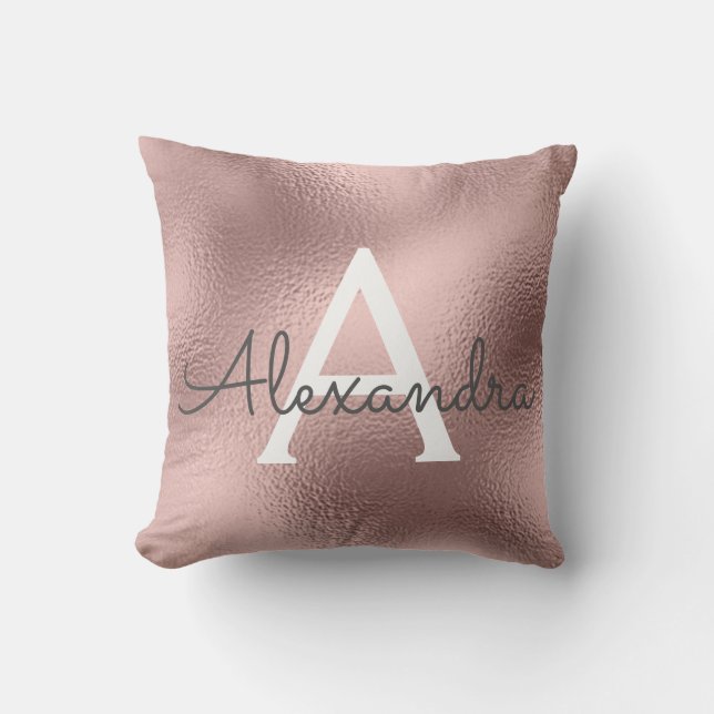 Rose Gold Foil Metal Monogram Name and Initial Throw Pillow (Front)