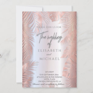 Rose gold foil metallic tropical leaves romantic invitation