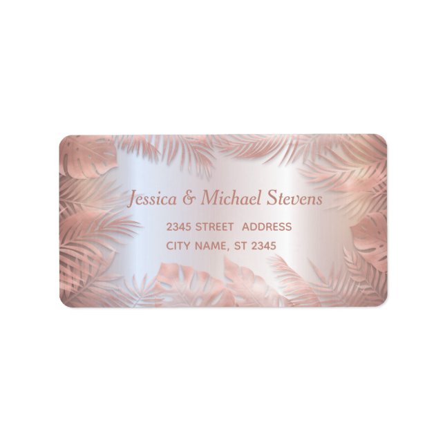 Rose gold foil metallic tropical leaves romantic label (Front)