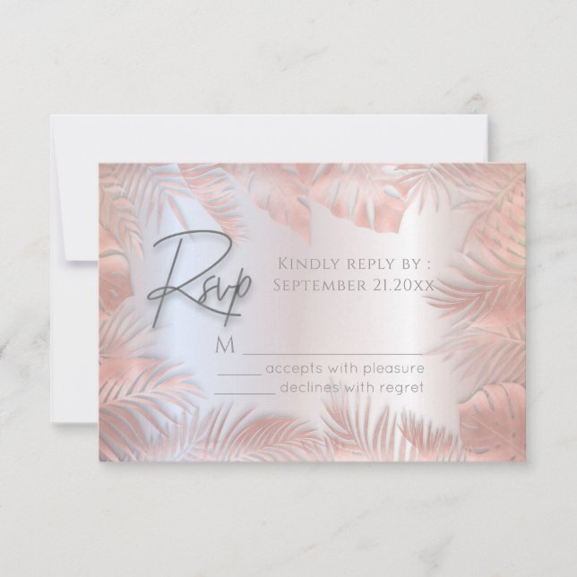 Rose gold foil metallic tropical leaves romantic RSVP card (Front)