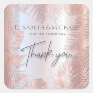 Rose gold foil metallic tropical leaves thank you square sticker