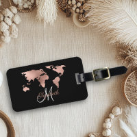 Rose Gold Foil Metallic World Map Luggage Monogram