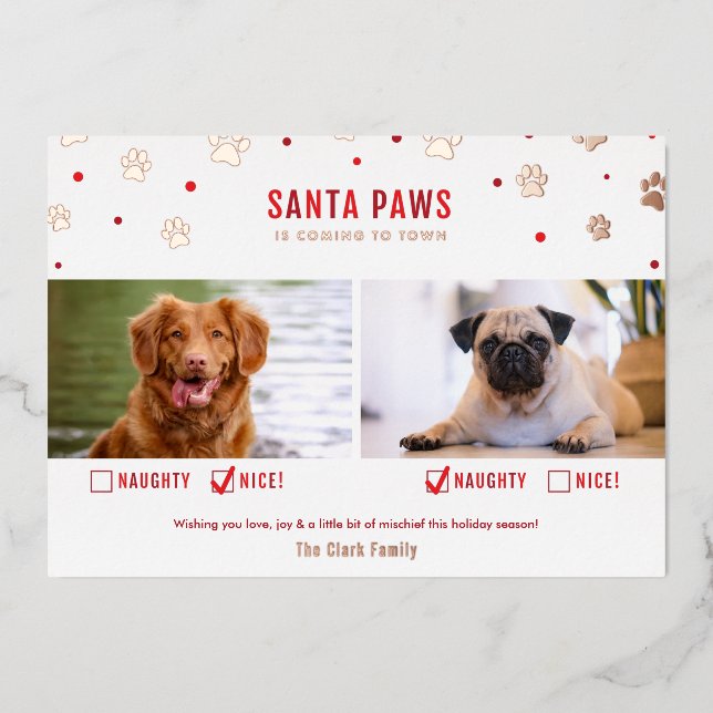 Rose Gold Foil Naughty or Nice Two Dog Photo Card (Front)