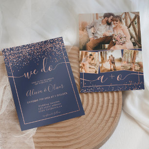 Rose gold foil navy blue photo initials wedding invitation