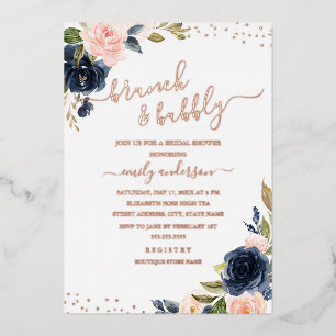 ROSE GOLD FOIL Navy Blush Floral Brunch And Bubbly